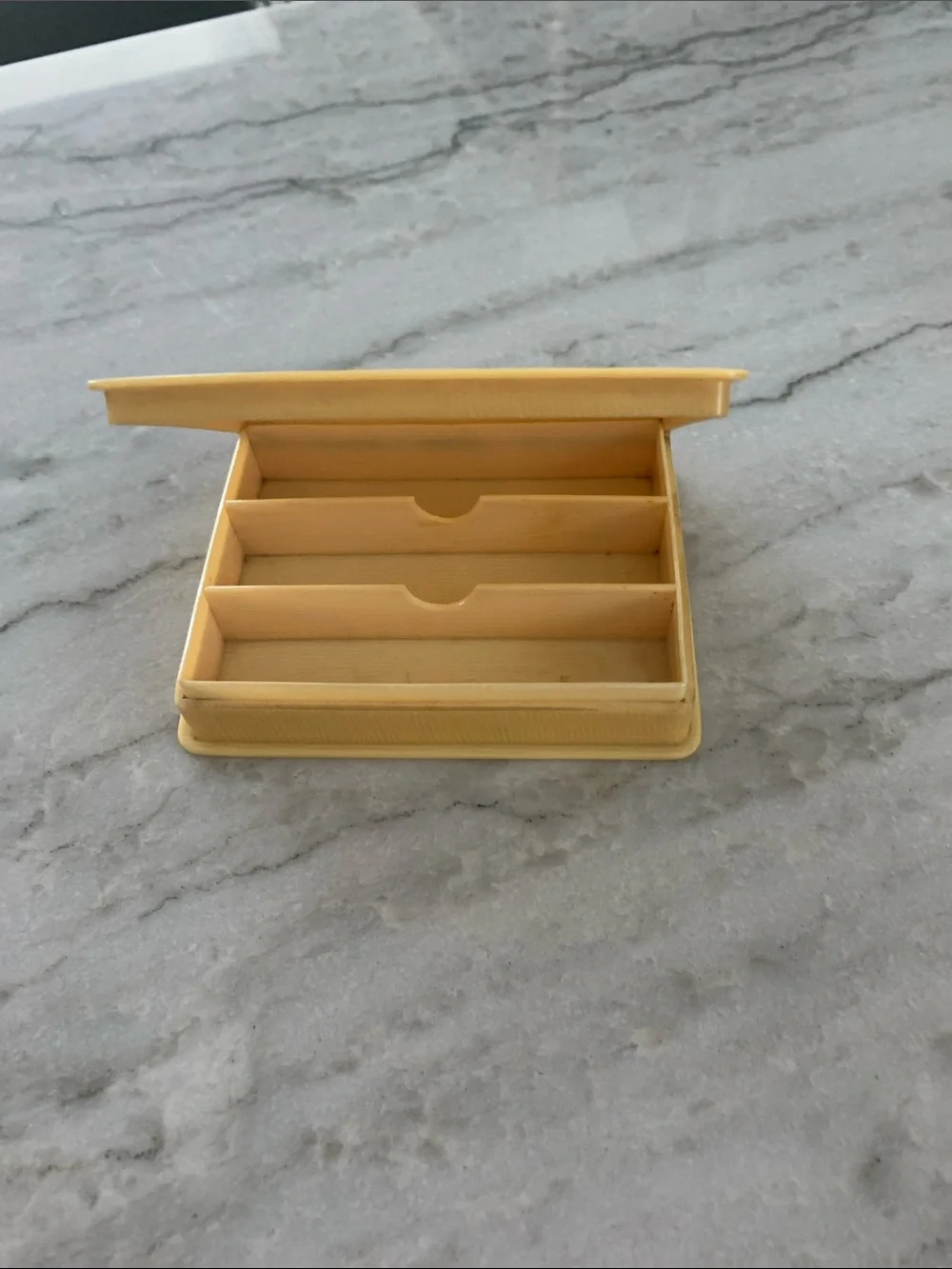 Vintage celluloid 3 compartment trinket box 4 1/2” x 3 1/2” x 1”